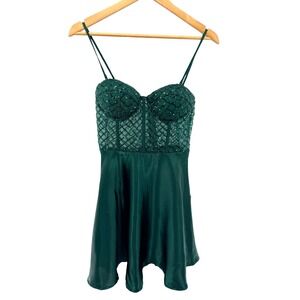 Lulus Going Glam‎ Dark Green Sequin Bustier Skater Dress Mini Party Medium Flaw